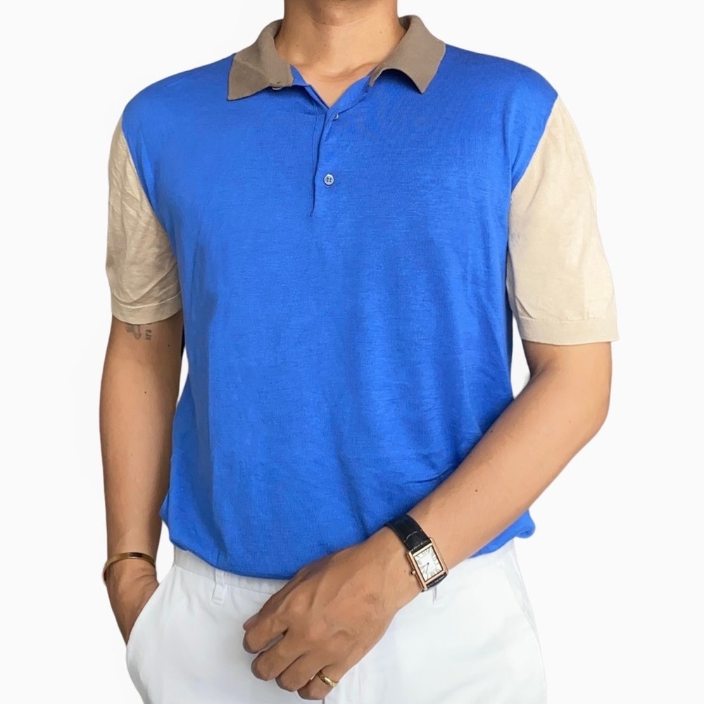 COS Knit Polo Shirt Mens S Blue Colorblock Silk Cotton Minimalist Sophisticated